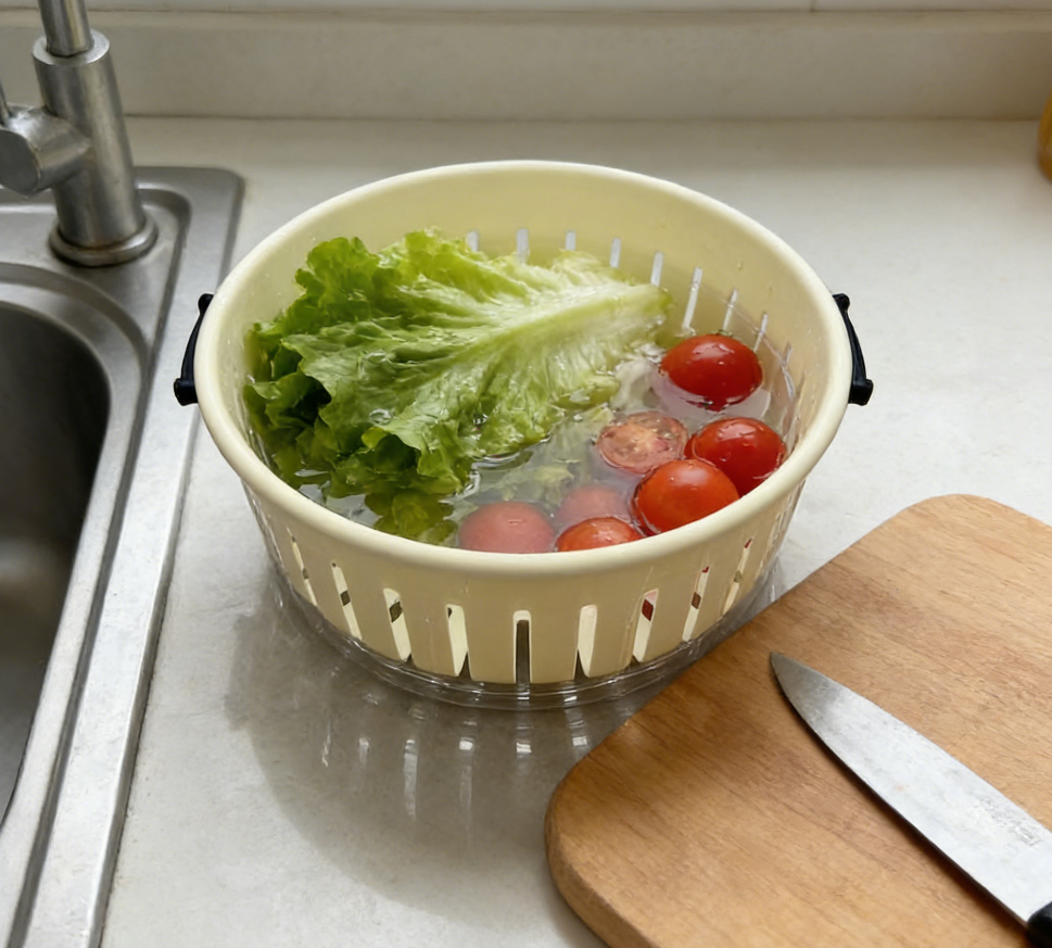 The transparent plate of the draining basket is detachable. The draining basket is made of strong material. It is a vegetable washing basket for home light luxury water pool and a draining basin details Picture