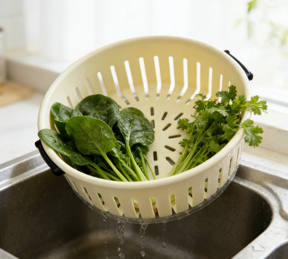 The transparent plate of the draining basket is detachable. The draining basket is made of strong material. It is a vegetable washing basket for home light luxury water pool and a draining basin