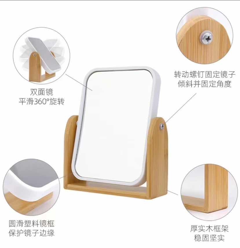 5001 Bamboo and wood Small Square high-definition mirror, dormitory, student dormitory, wooden makeup mirror, dressing mirror, rotating desktop, household portable princess pic 7