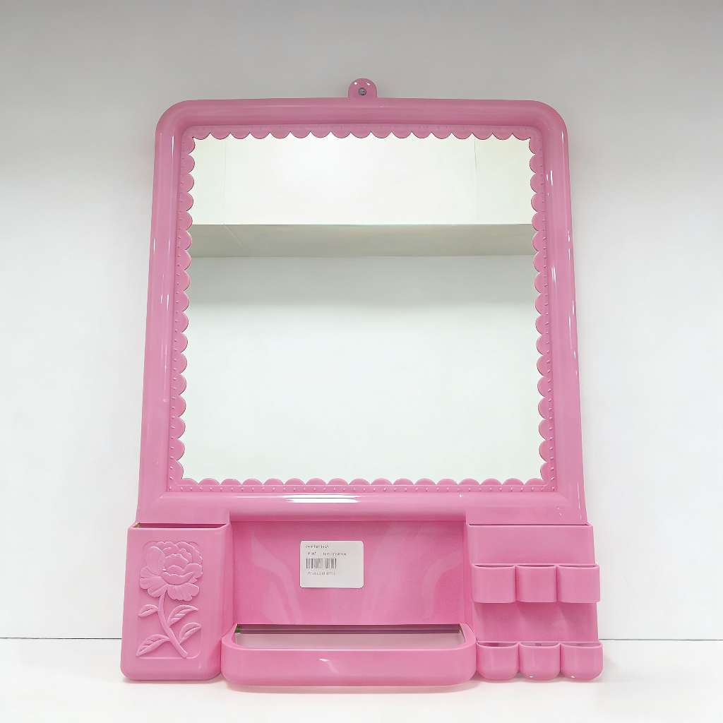 8027墙挂浴室学生镜子简易免打孔梳妆镜壁挂带置物架创意卫生间挂墙镜详情图1