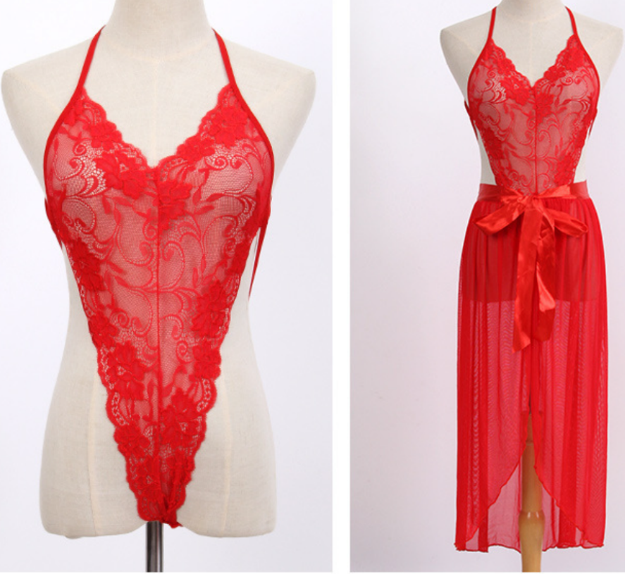 Sexy halter low-cut lingerie, backless lace mesh set, charming ball costume, V-neck lace cutout lingerie Item Picture