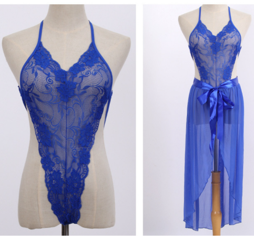 Sexy halter low-cut lingerie, backless lace mesh set, charming ball costume, V-neck lace cutout lingerie Item Picture