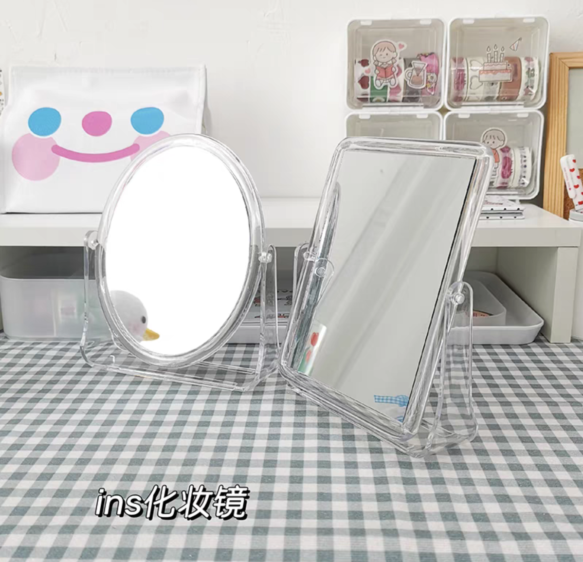 008透明椭圆ins风化妆镜简约桌面透明亚克力学生宿舍台式风双面梳妆镜子详情图3