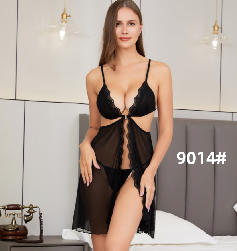 性感透视前开扣吊带衣蕾丝花边冰丝睡裙深V镂空露背情趣吊带睡衣