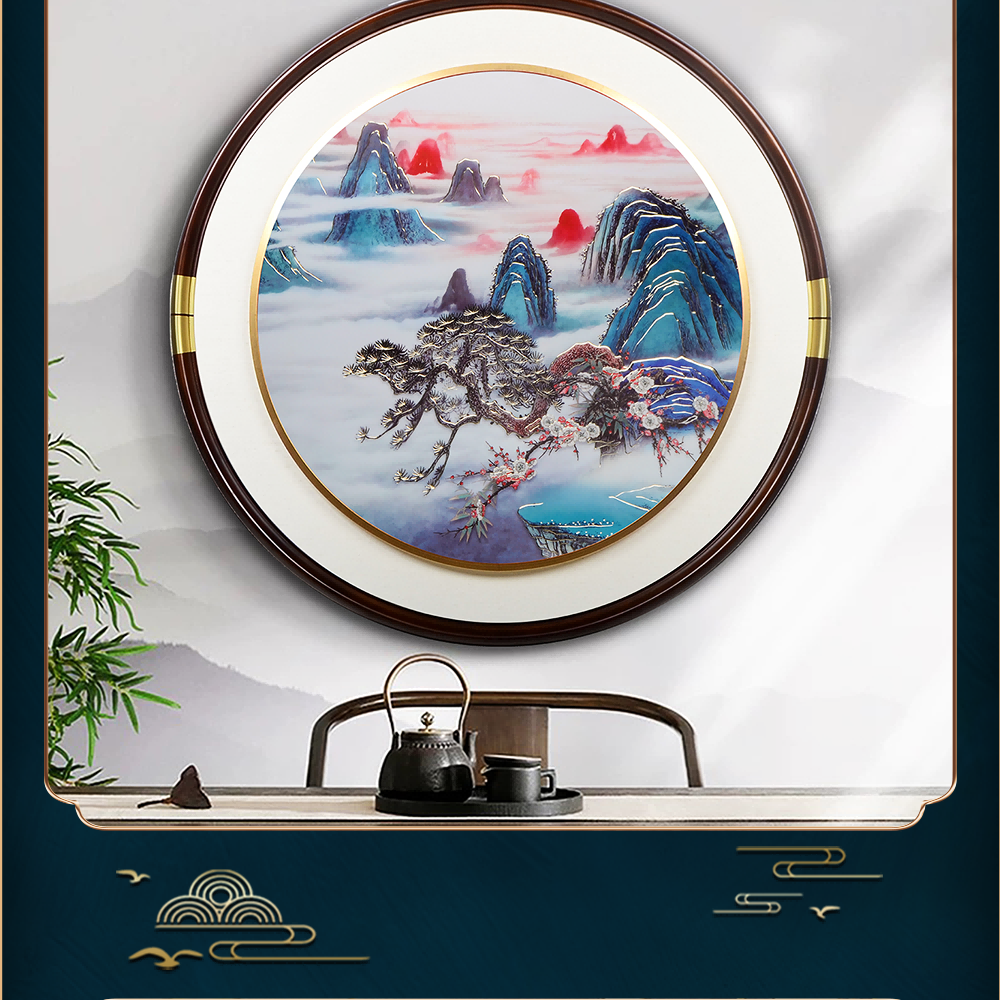 新中式铜雕画80圆系列木画边装饰画详情15
