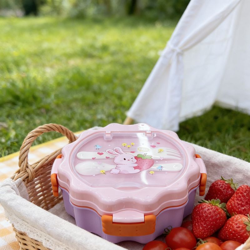 Cartoon bento box, portable and cute student picnic box, lunch grid round cookie lunch box, plastic Specification image