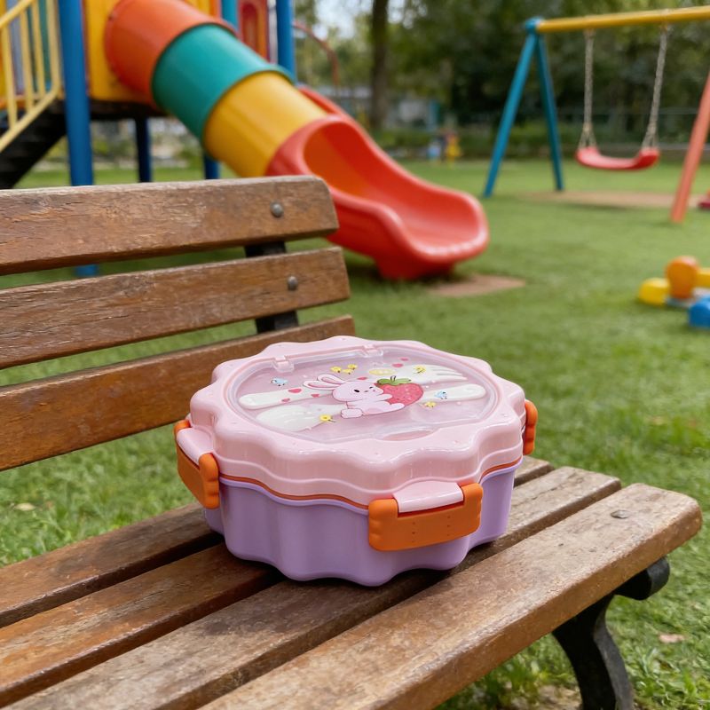 Cartoon bento box, portable and cute student picnic box, lunch grid round cookie lunch box, plastic Application Scenario