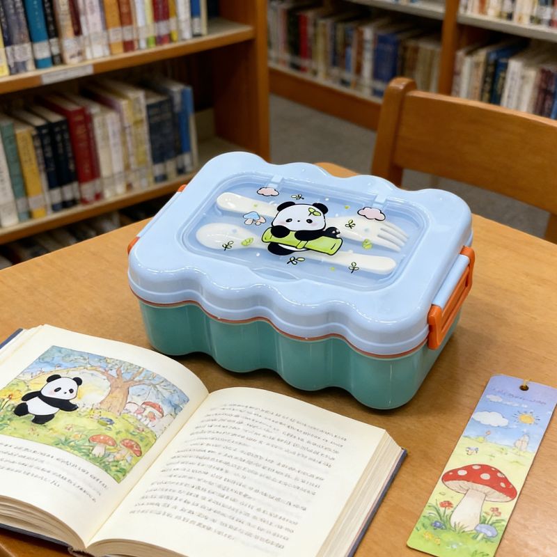 Cartoon bento box, portable and cute student picnic box, lunch long biscuit lunch box, plastic