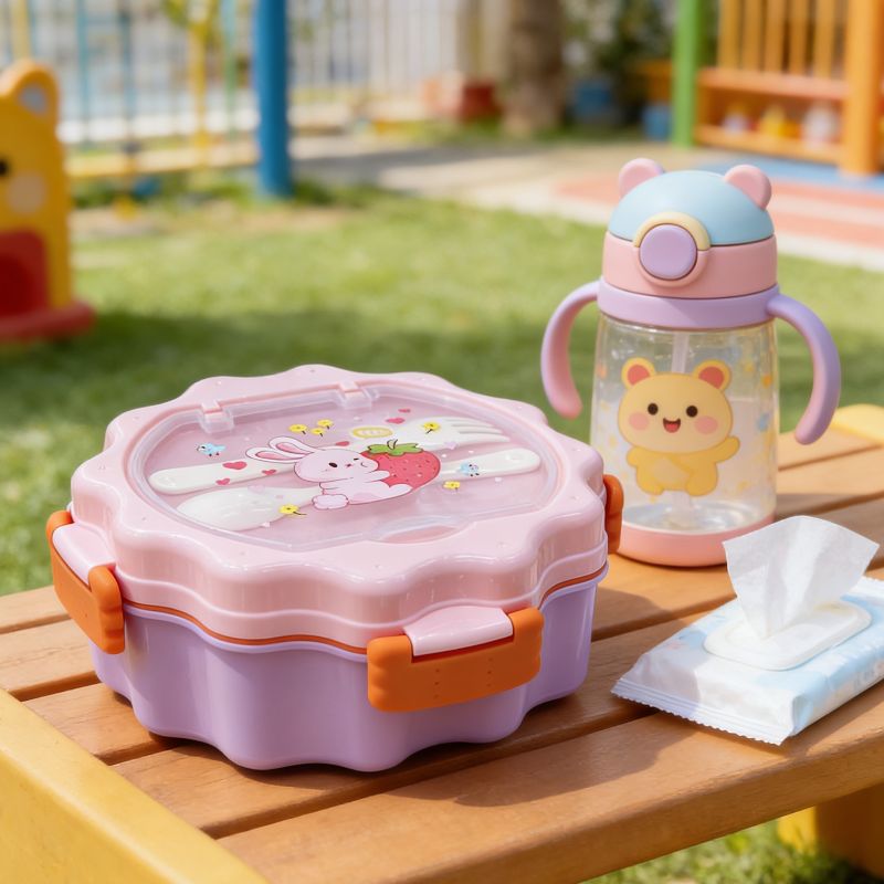 Cartoon bento box, portable and cute student picnic box, lunch grid round cookie lunch box, plastic