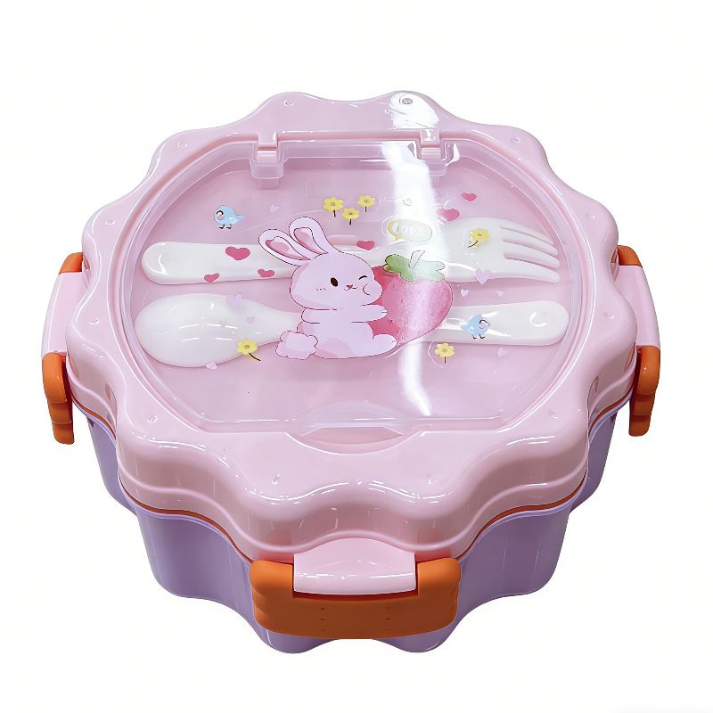 Cartoon bento box, portable and cute student picnic box, lunch grid round cookie lunch box, plastic Item Picture