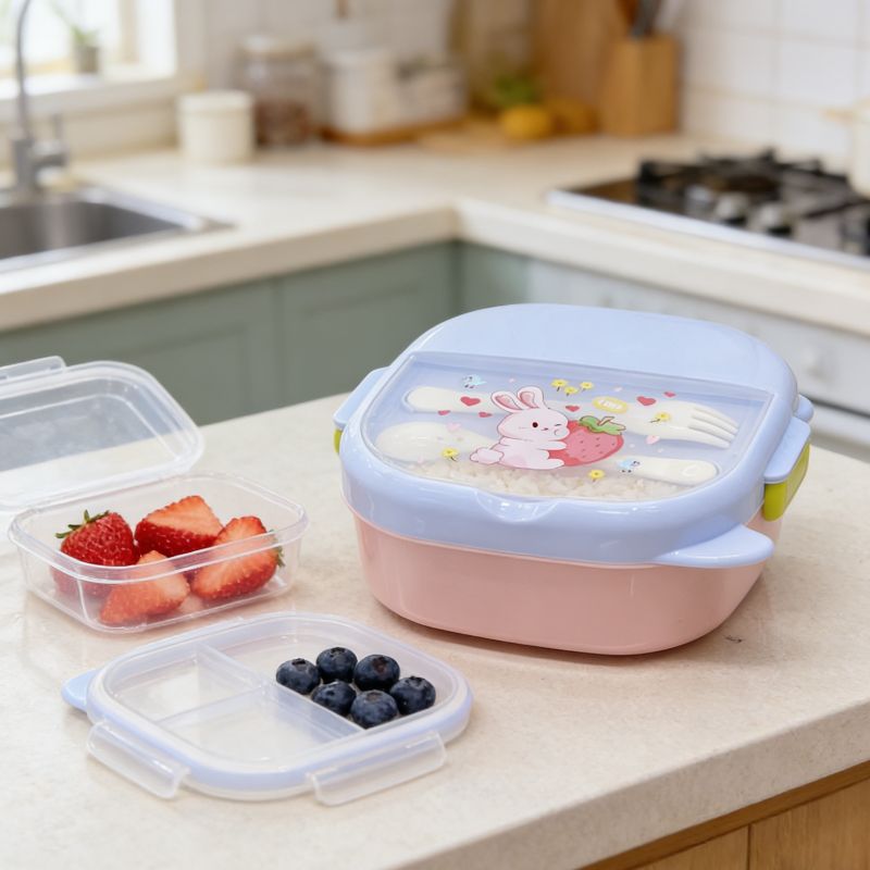 Cartoon bento box, portable and cute student picnic box, lunch compartment, outdoor lunch box, plastic