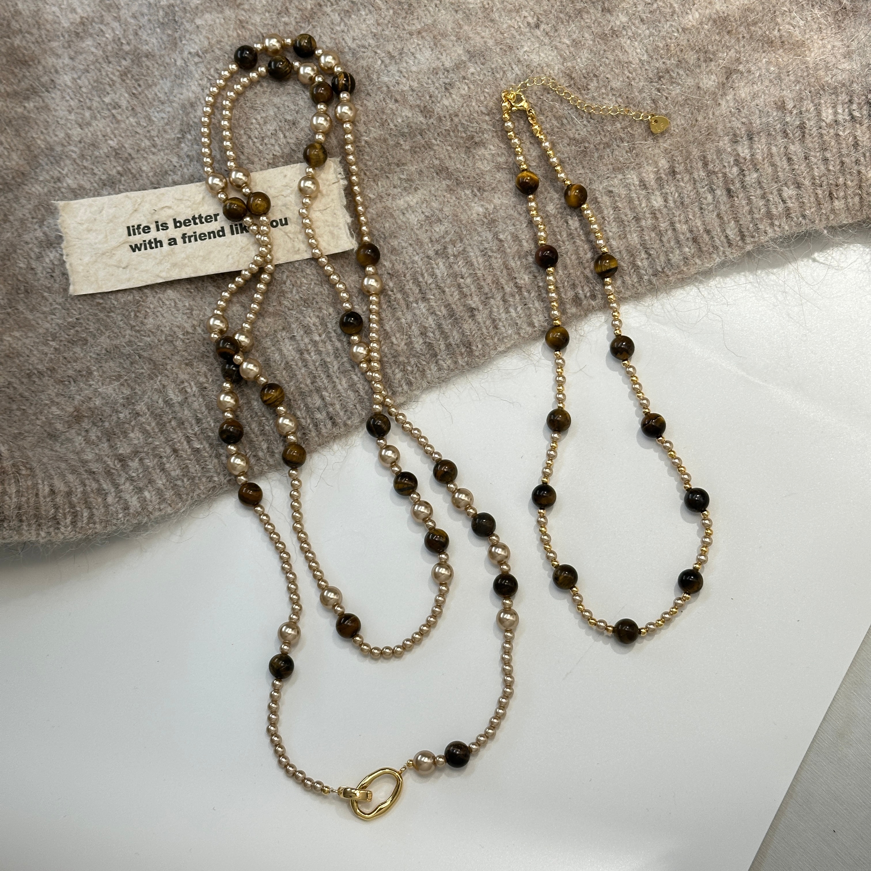 Tiger's eye stone extended sweater chain Pearl necklace tassel necklace natural, niche, high-end, exquisite, fashionable and versatile collarbone chain for women