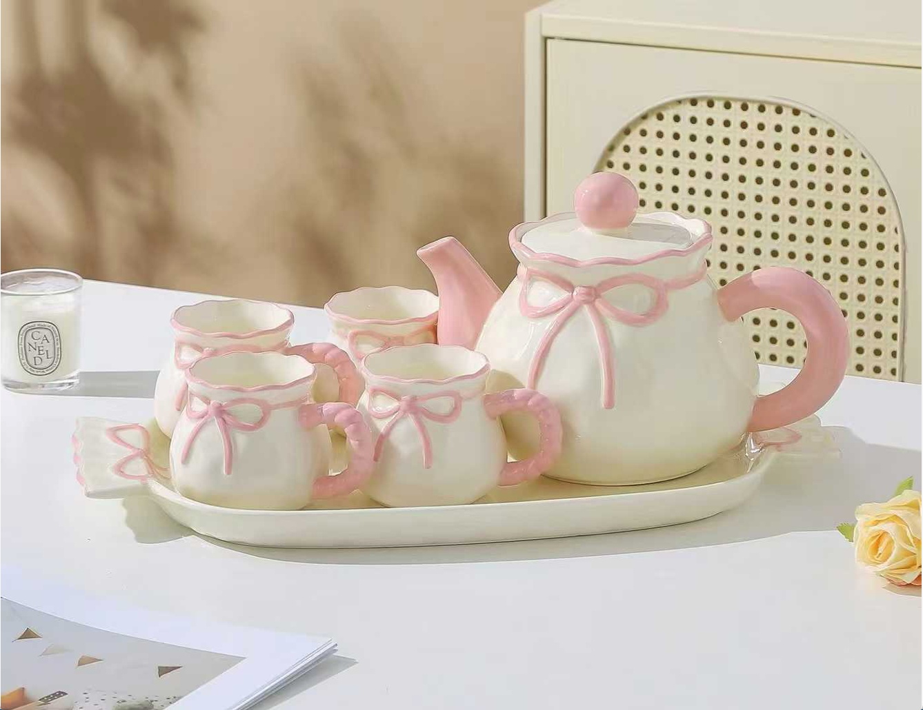 粉色蝴蝶结茶具套装，少女心爆棚，优雅又可爱，家居美学新宠