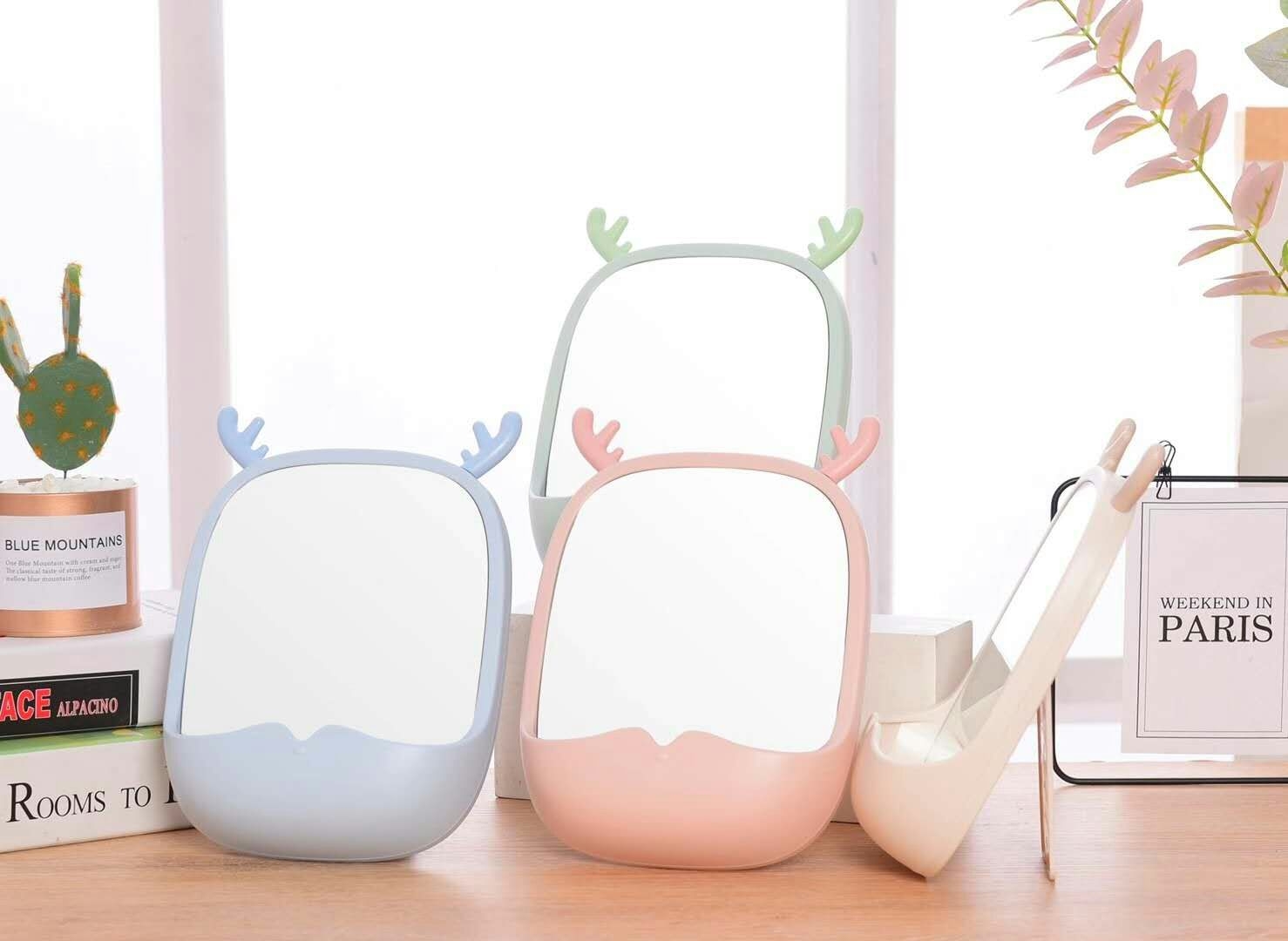 1038椭圆立式卡通化妆镜学生宿舍台镜可收纳桌面镜可爱梳妆镜台式