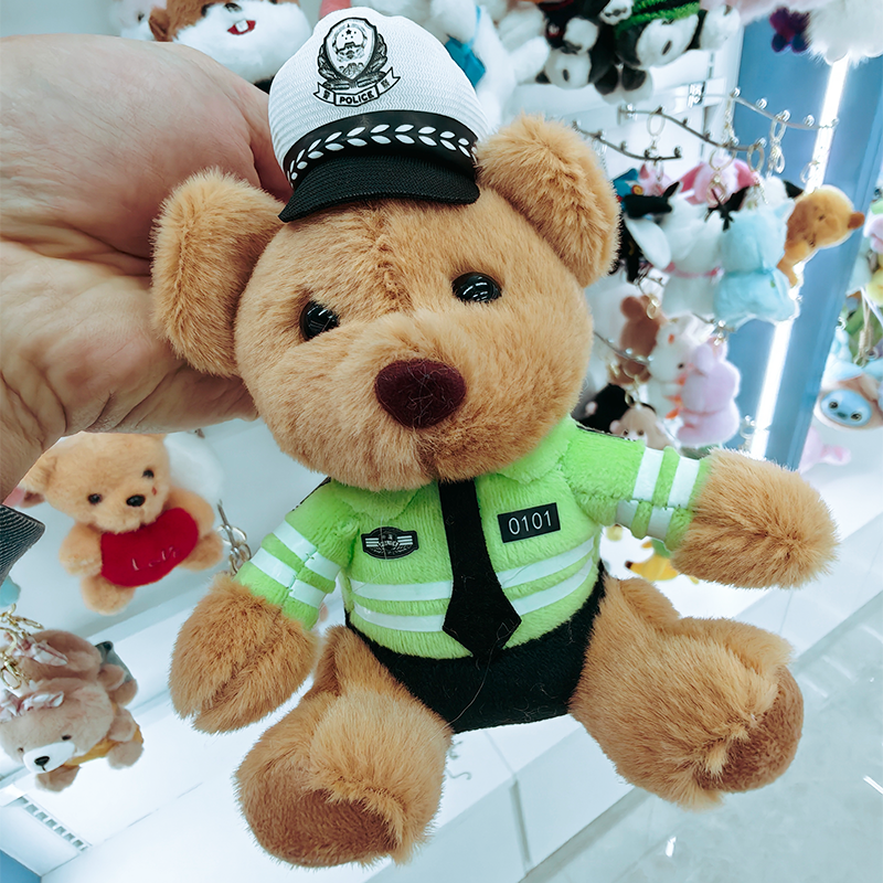 交警小熊挂件毛绒玩具小公仔消防警察包包挂饰钥匙扣抓娃娃机批发