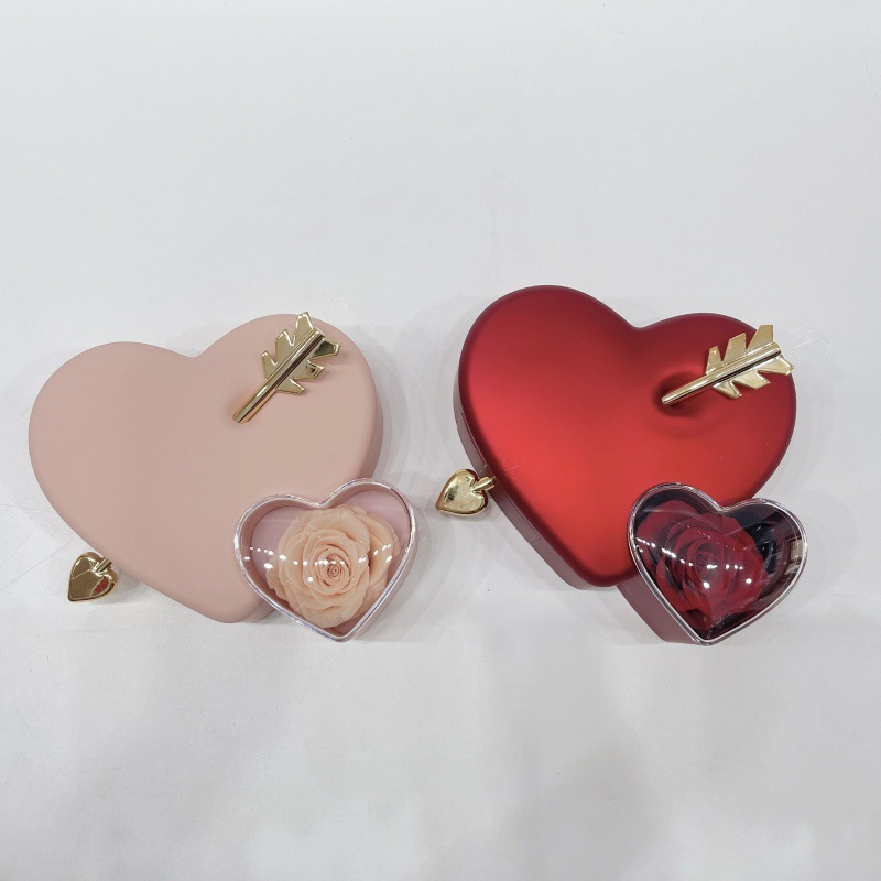 永生花一箭穿心玫瑰花戒指项链盒情人节创意爱心首饰盒厂家现货