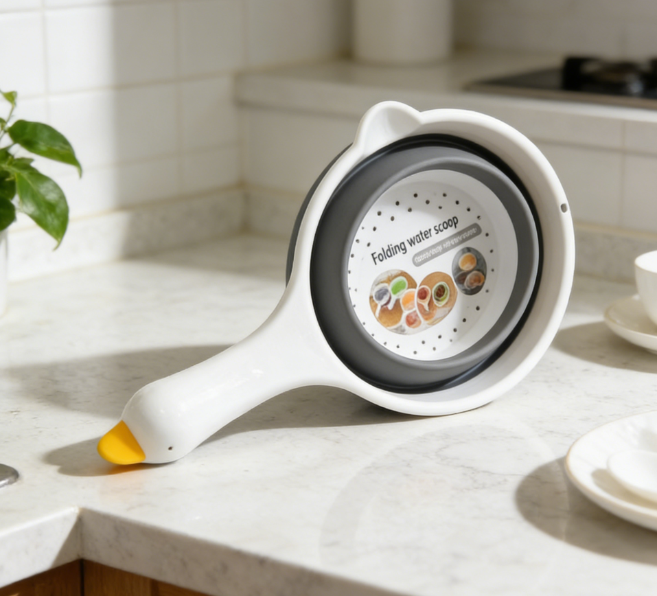 The folding draining basket and water spoon are convenient and easy to hold. They are easy to wash vegetables and have a folding function. Wholesale of folding water ladles and draining ladles details Picture