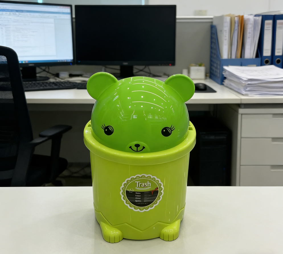 Green bear smiling plastic covered trash can, desktop kitchen, household kitchen trash can, smiling trash can Item Picture