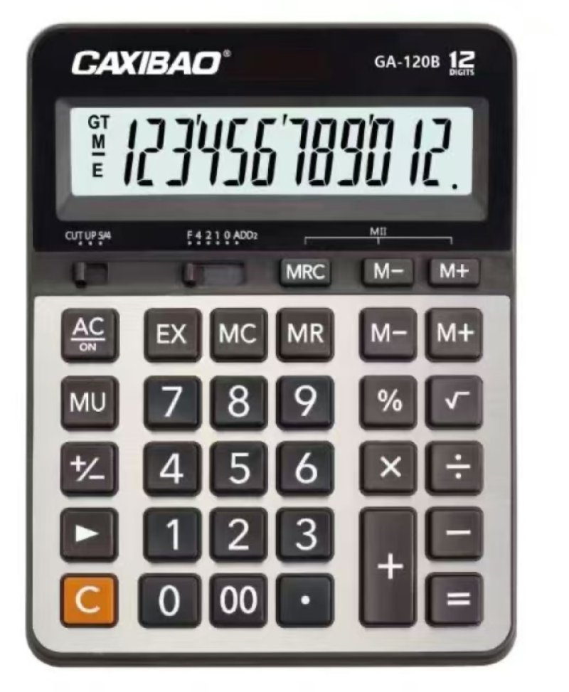 GAXIBAO GA120 12-digit calculator, specifically designed for office use in accounting and finance, featuring a large screen, large buttons, battery and solar power
