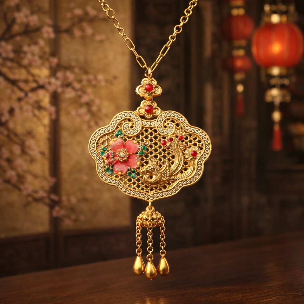 Golden hollowed-out window display phoenix flower pendant necklace, pearl lanyard, short elegant jewelry for women, classic style