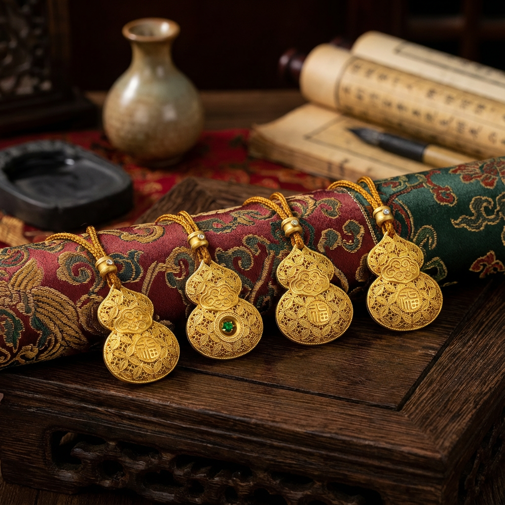 Golden gourd-shaped pendant, Thangka silver gold-plated jewelry, gourd necklace, silver jewelry accessories, fashionable and personalized matching Item Picture