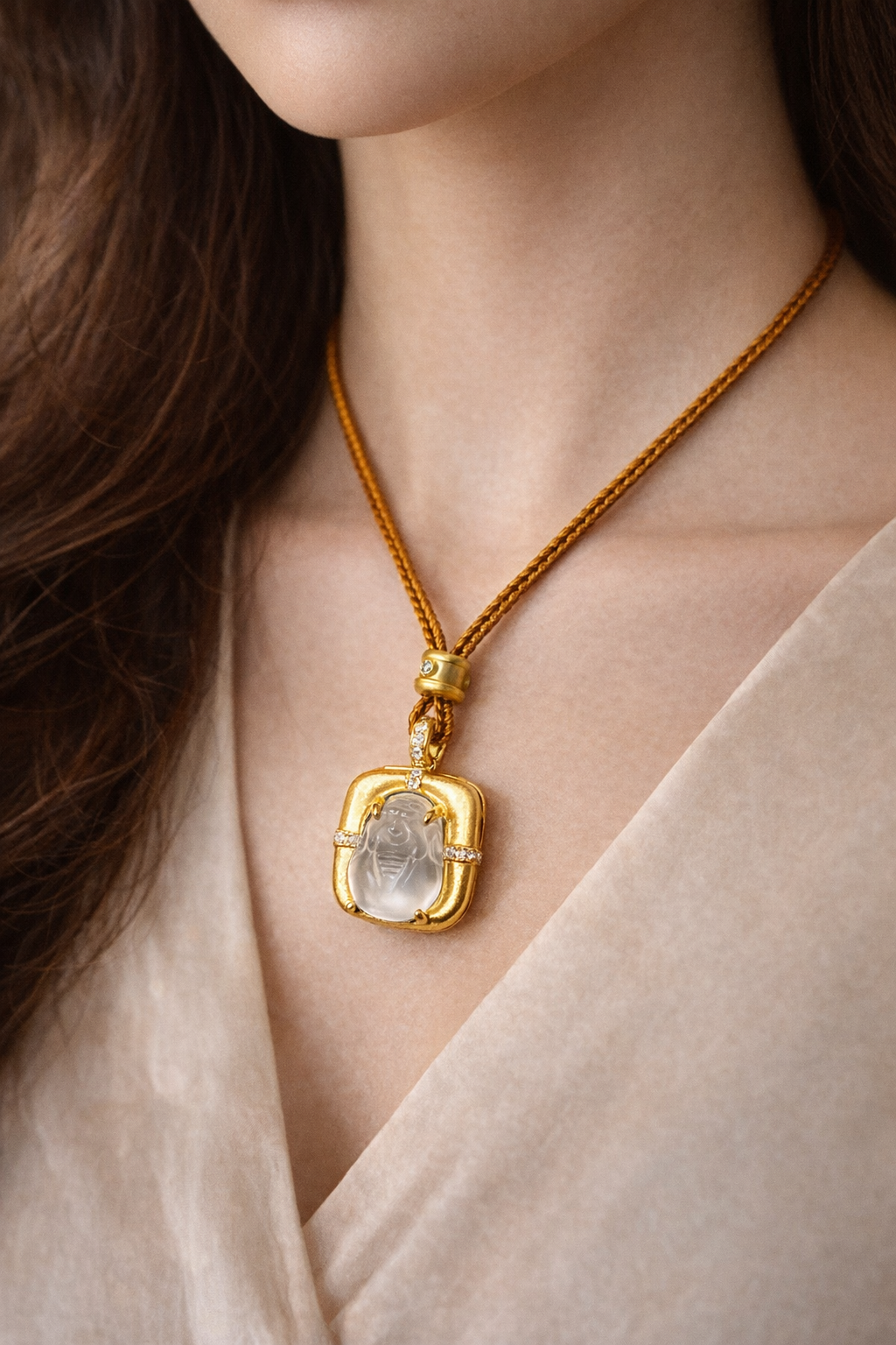 Hand-carved Hetian jade gold-wrapped silver pendant necklace, fashionable and simple, long lanyard accessory for women, elegant and versatile