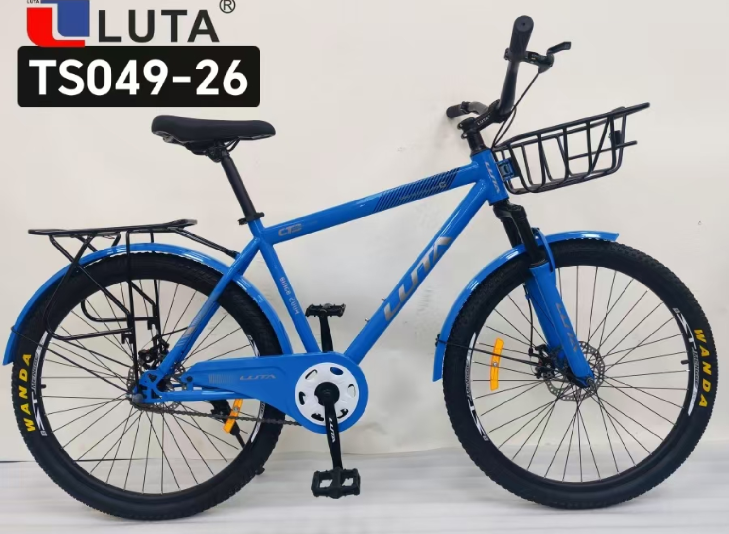مركبة Luta TS049-26 الزرقاء، مزوَّدة بالرفوف الأمامية والخلفية والصحن الفرامل، وهي عملية وحديثة.