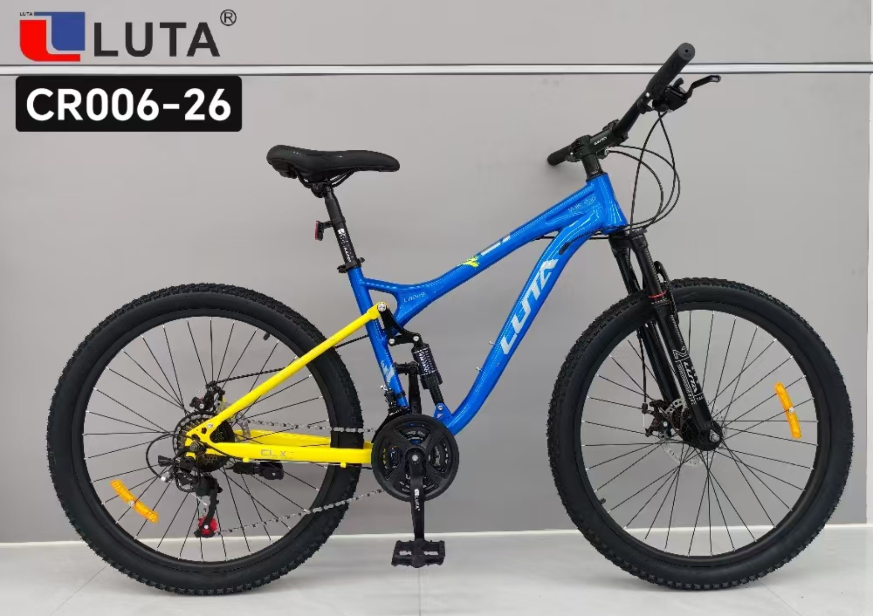 LUTA CR006-26 mountain bike, with blue and yellow color scheme, is fashionable and dynamic, suitable for outdoor cycling enthusiasts.
