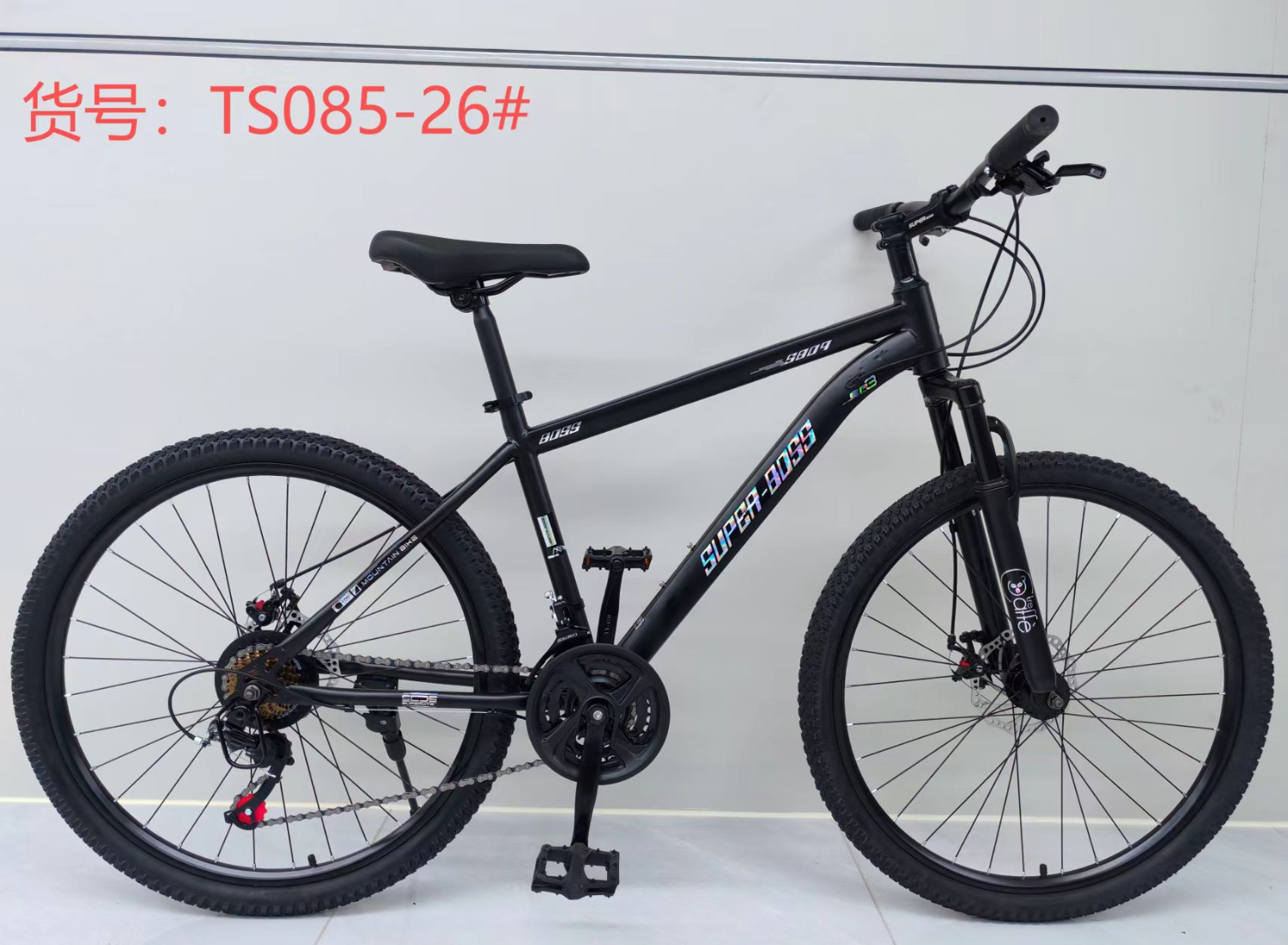 The blue-green mountain bike TS085-26# is equipped with disc brakes and shock-absorbing front forks. It is fashionable and dynamic, providing a more enjoyable ride. Specification image
