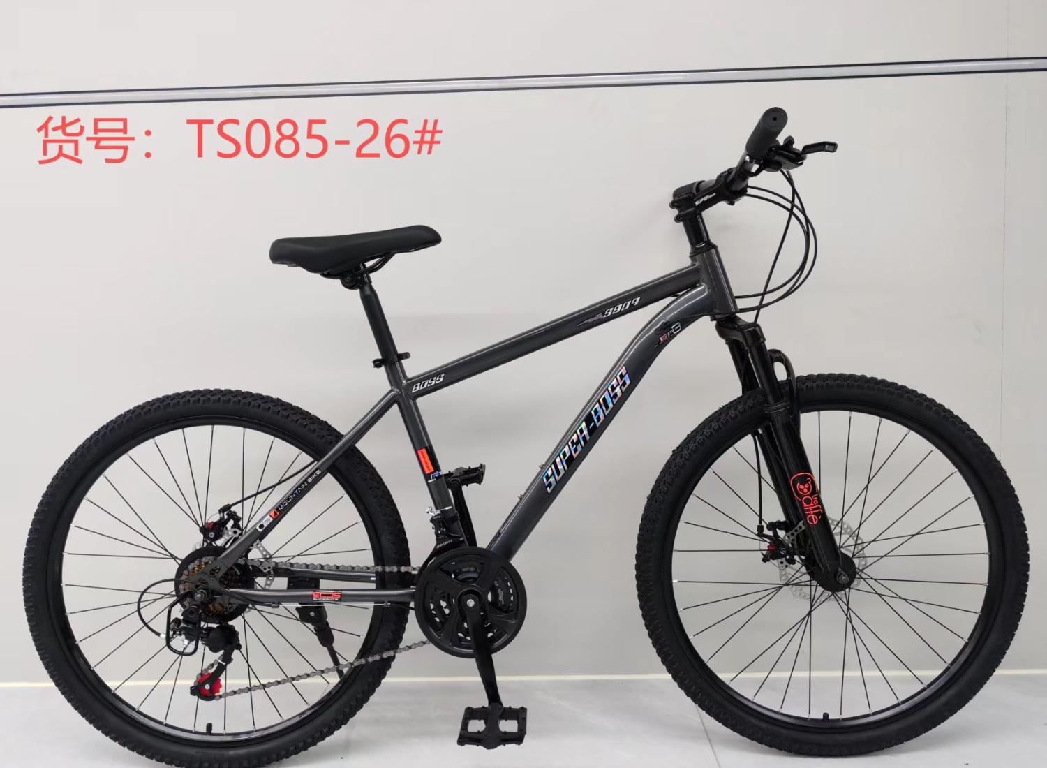 The blue-green mountain bike TS085-26# is equipped with disc brakes and shock-absorbing front forks. It is fashionable and dynamic, providing a more enjoyable ride. Item Picture