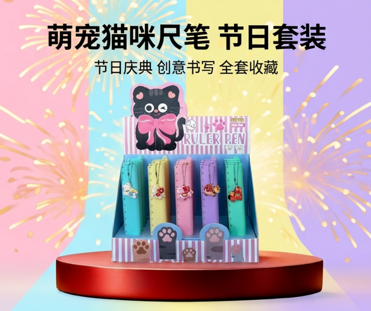 可爱小马主题中性笔尺子笔套装文具马年文具2合一学生办公用品详情1