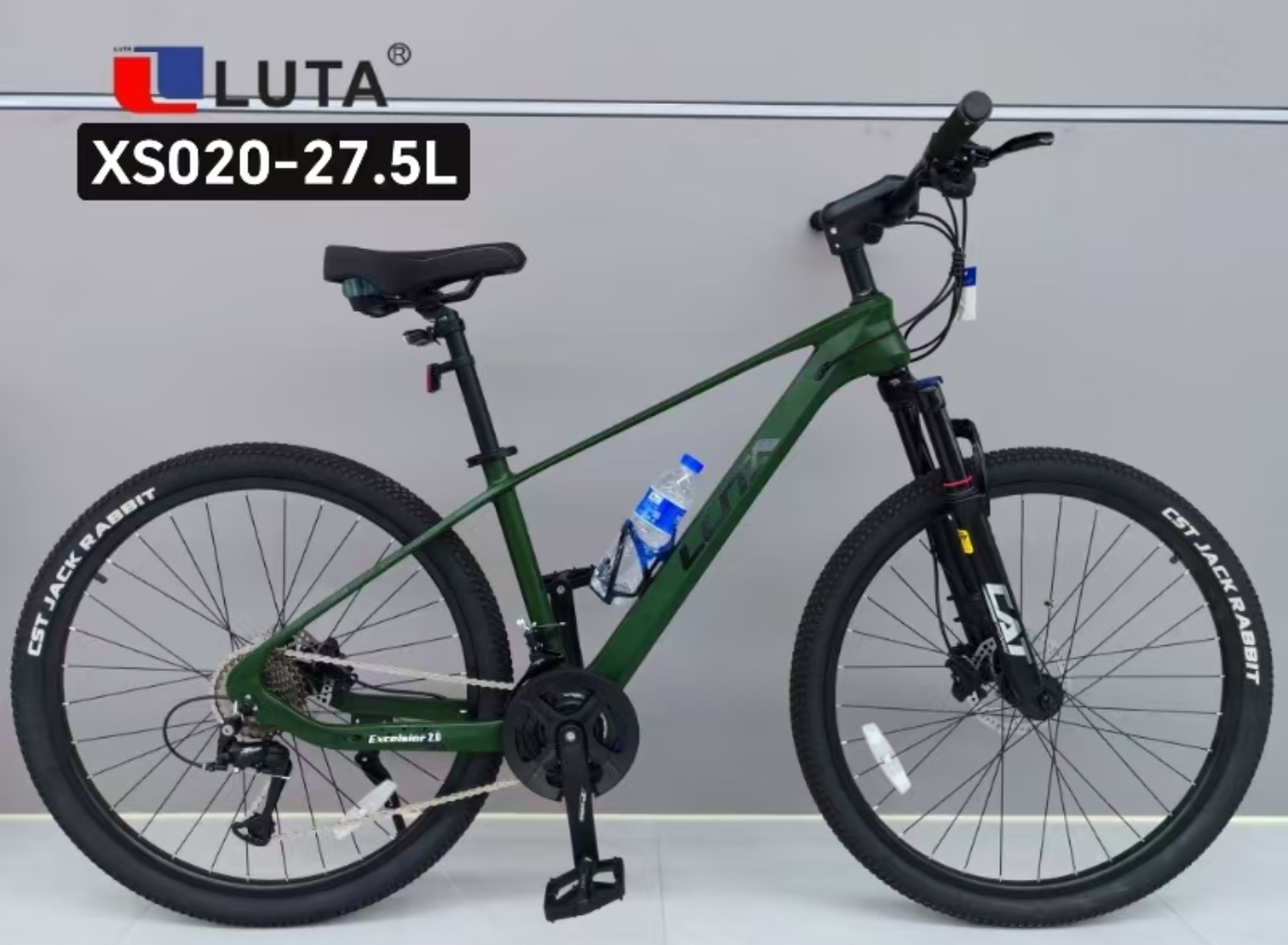 LUTA mountain Bike XS019-27.5L, with a black and cool design, is equipped with a front fork shock absorber and CST tires, providing a more comfortable ride. Specification image