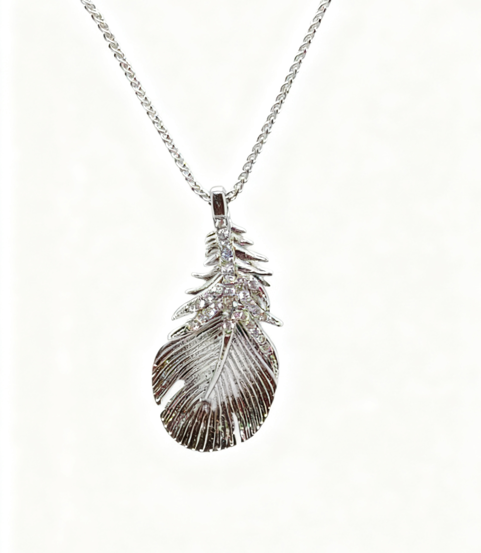 Silver feather diamond necklace