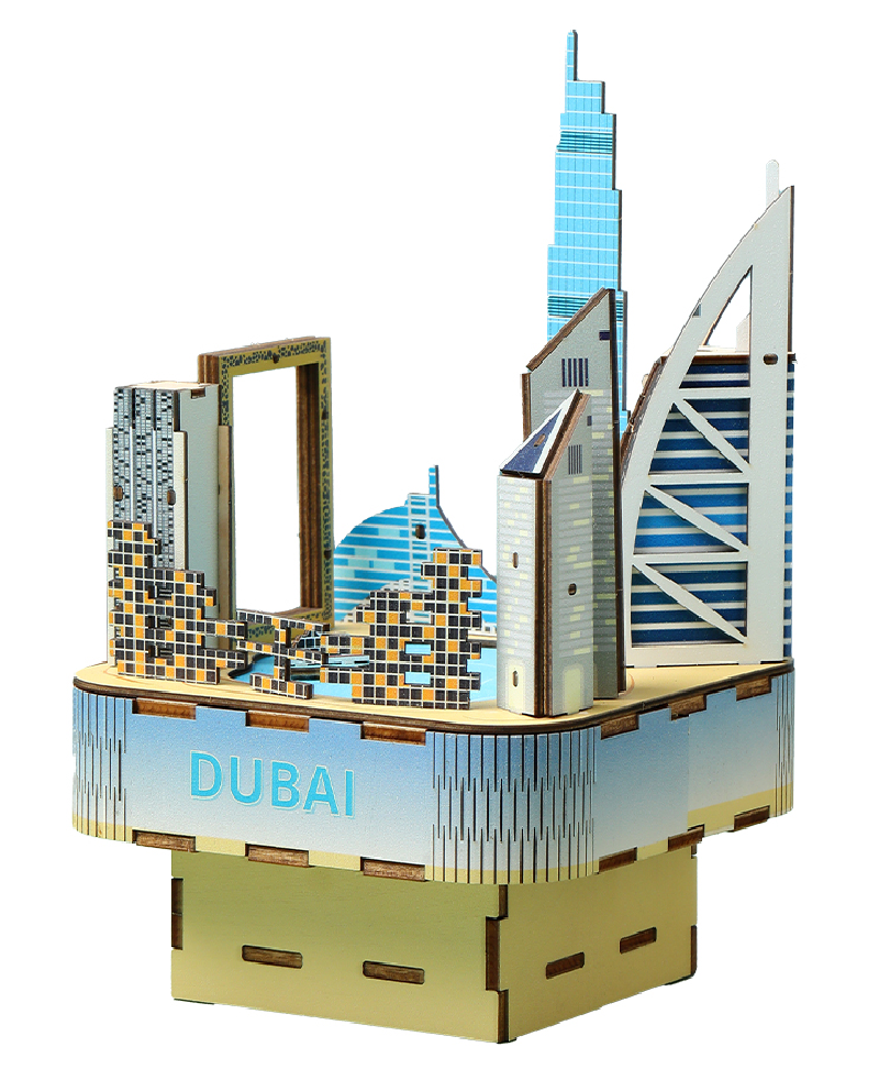 Dubai, Paris, London, New York and Venice city model wooden music box for primary and secondary school students to assemble with music, hands-on combination city model music box toys