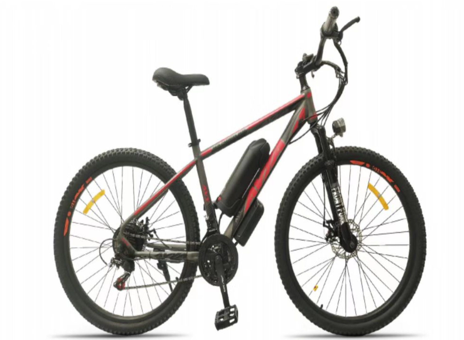 LTOY-12新款电动山地车亮相，红黑配色时尚动感，配备电池与碟刹，骑行更高效安全。