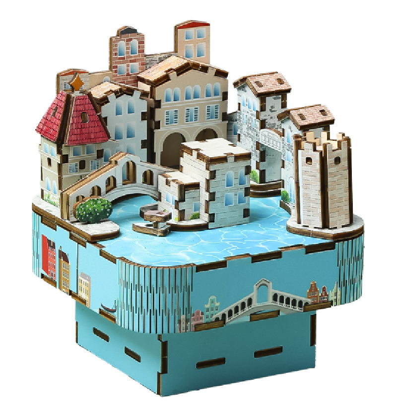 Dubai, Paris, London, New York and Venice city model wooden music box for primary and secondary school students to assemble with music, hands-on combination city model music box toys Item Picture
