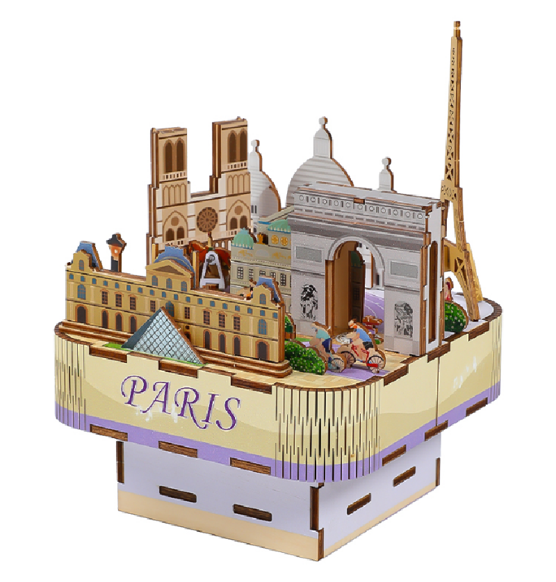 Dubai, Paris, London, New York and Venice city model wooden music box for primary and secondary school students to assemble with music, hands-on combination city model music box toys details Picture