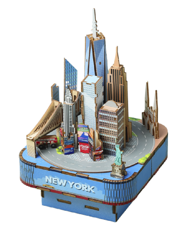 Dubai, Paris, London, New York and Venice city model wooden music box for primary and secondary school students to assemble with music, hands-on combination city model music box toys Application Scenario