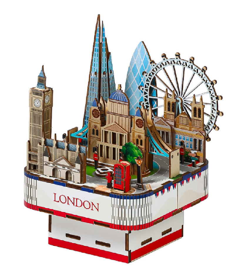 Dubai, Paris, London, New York and Venice city model wooden music box for primary and secondary school students to assemble with music, hands-on combination city model music box toys Specification image
