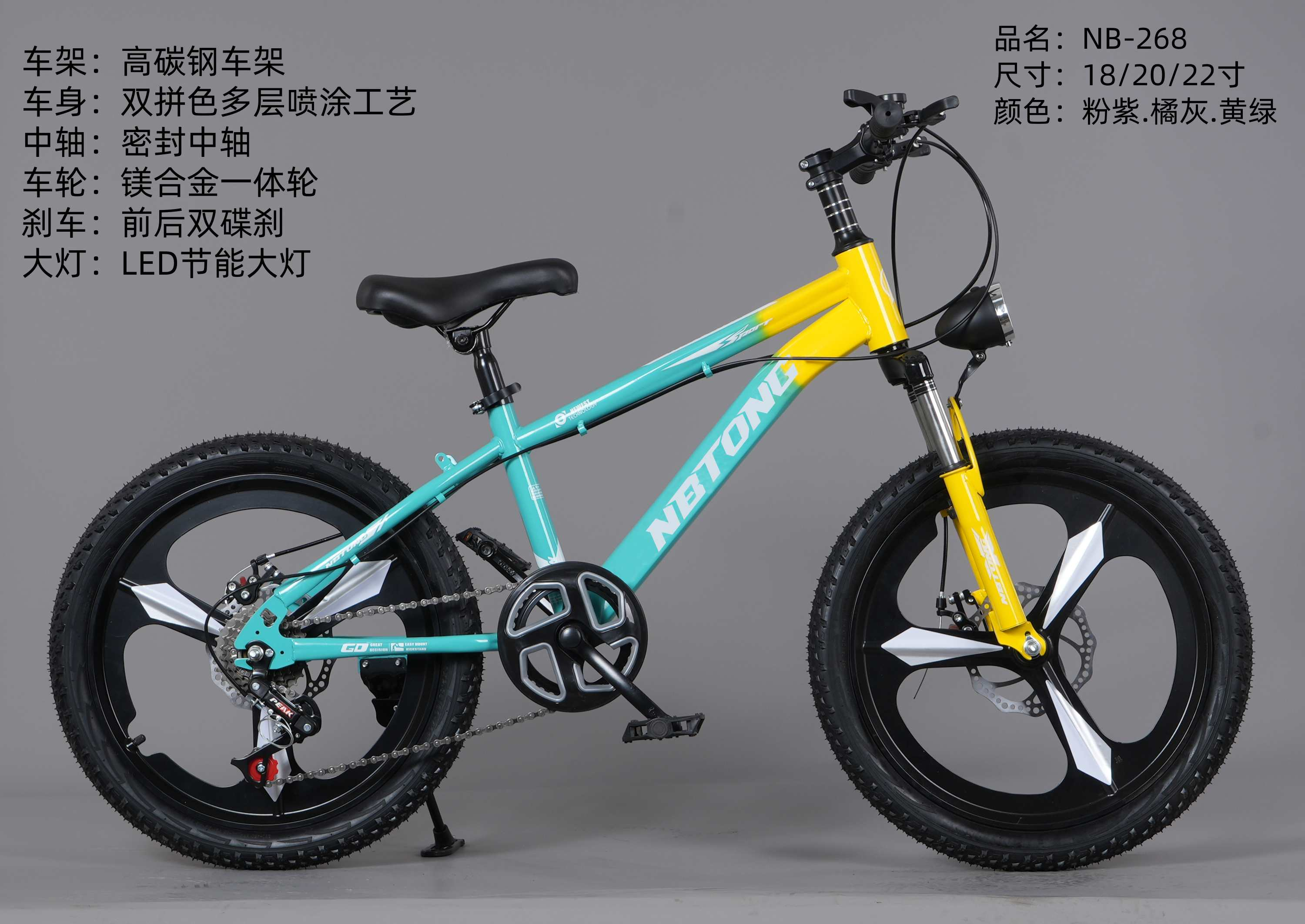 NY-268  山地自行车 高碳钢车架 镁合金一体轮，带车灯