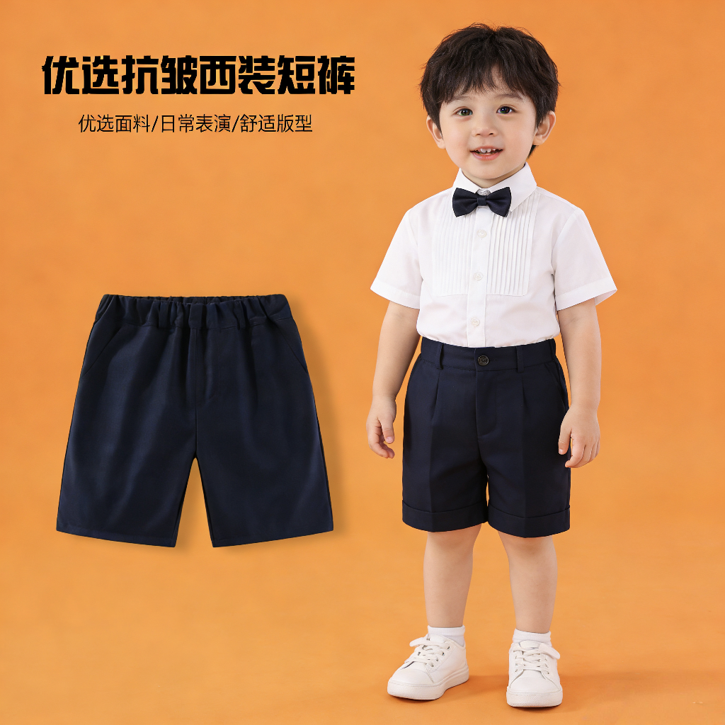 2026升级版抗皱西装松紧腰儿童短裤抗邹免烫藏青色男童五分中裤黑色裤子校服表演支持定制加工跨境电商亚马逊稀音男童短裤详情图11