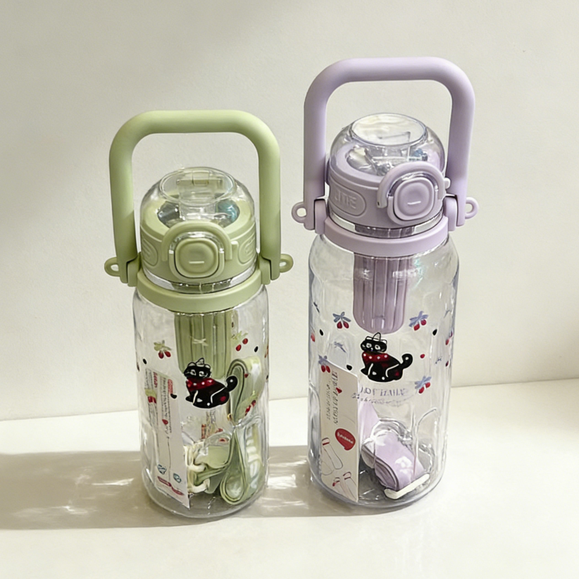 Wholesale of cross-border best-selling large-capacity plastic cups, cartoon cat bouncing LIDS, straw cups, portable handles, sports water bottles, and cute cat pattern water cups details Picture