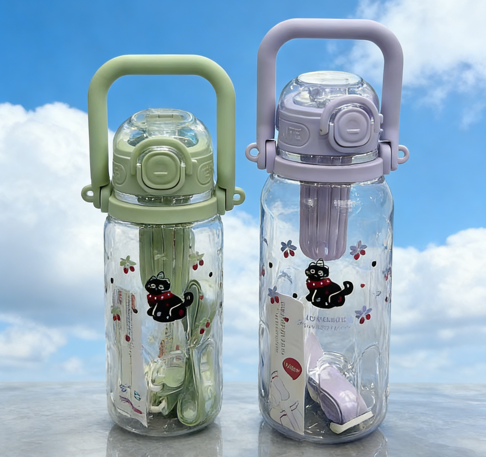 Wholesale of cross-border best-selling large-capacity plastic cups, cartoon cat bouncing LIDS, straw cups, portable handles, sports water bottles, and cute cat pattern water cups Specification image