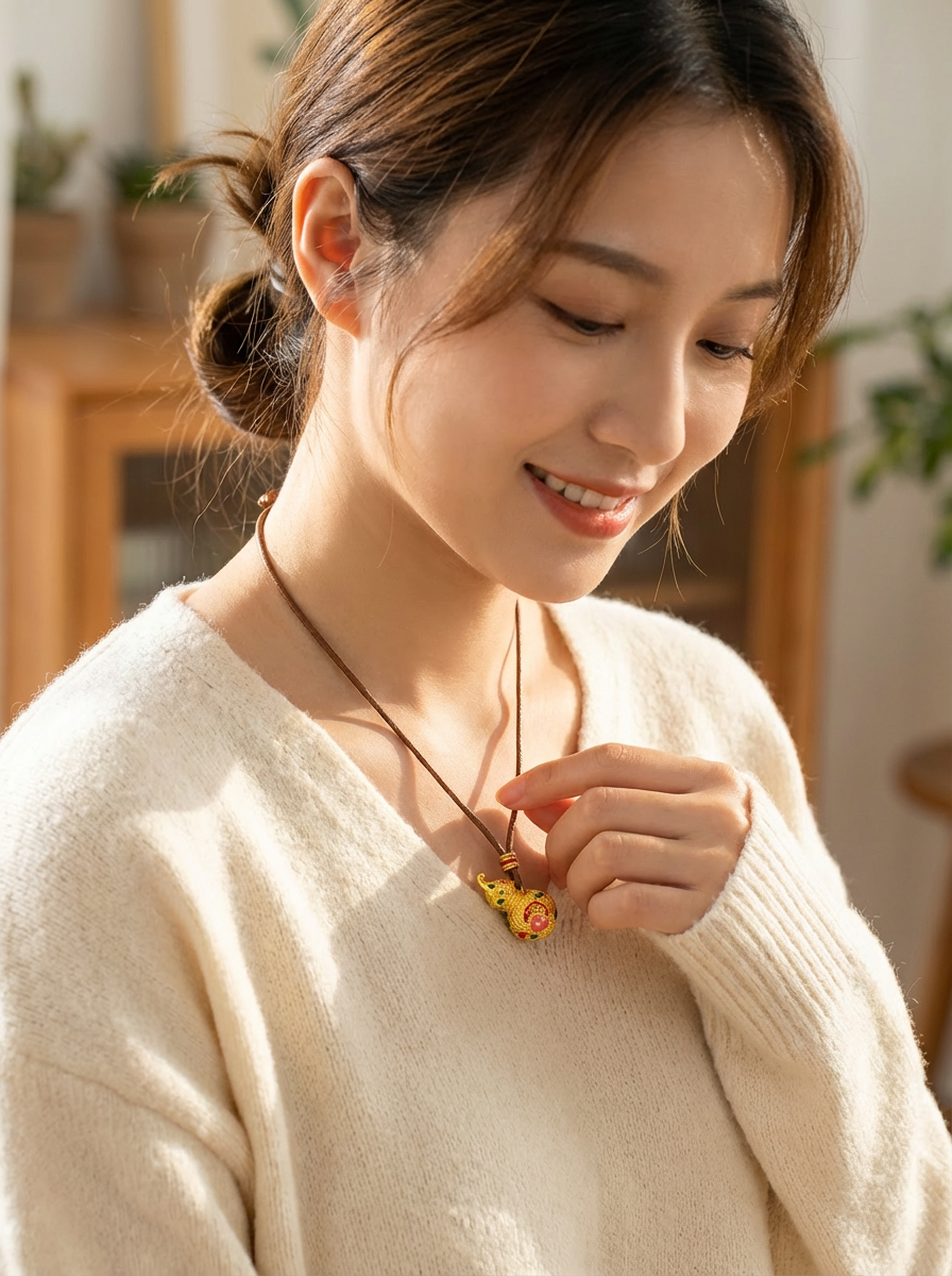 Golden gourd pendant necklace, 999 gold wrapped in silver, hand-carved enamel color lanyard, fashionable and simple, versatile accessory Item Picture