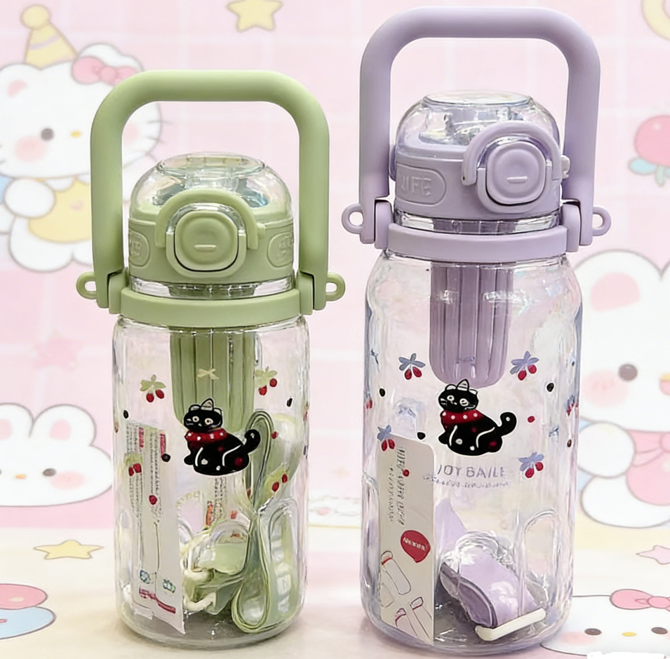 Wholesale of cross-border best-selling large-capacity plastic cups, cartoon cat bouncing LIDS, straw cups, portable handles, sports water bottles, and cute cat pattern water cups