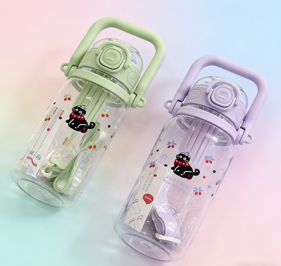 Wholesale of cross-border best-selling large-capacity plastic cups, cartoon cat bouncing LIDS, straw cups, portable handles, sports water bottles, and cute cat pattern water cups Item Picture
