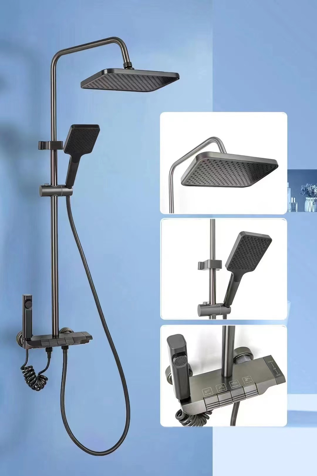 Holy Bathroom showerhead set, knob type, air booster gun, grey household cold and hot adjustable shower set, showerhead button type, space aluminum