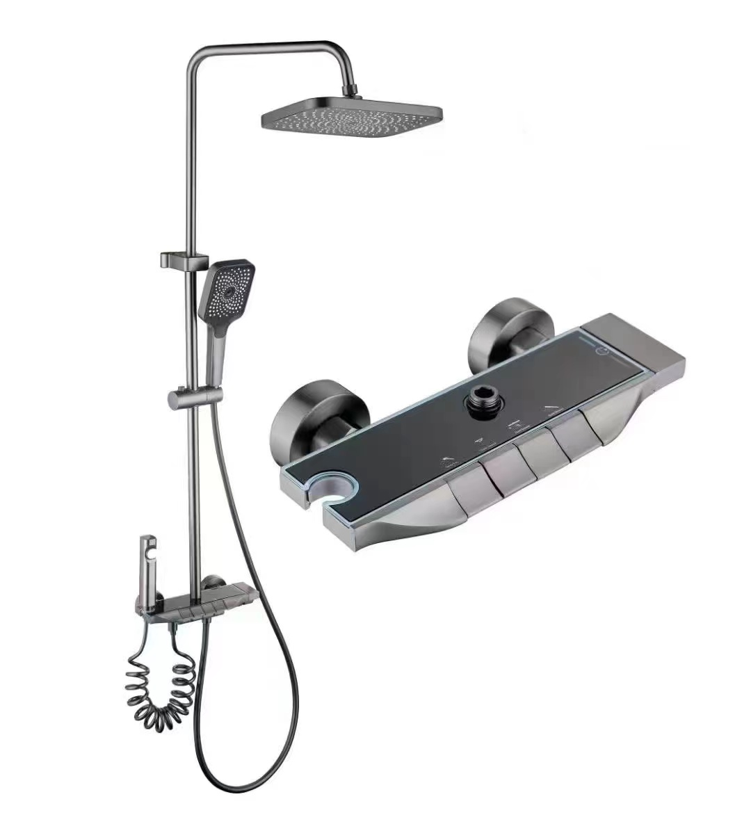 The new holy aluminum alloy four-speed showerhead with piano keys is easy to operate and features a constant temperature digital display. It is a must-have shower head set for bathrooms, hotels and home use