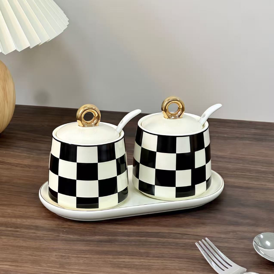 黑白棋盘格陶瓷调味罐食品罐调料盐罐小瓷罐家用油壶