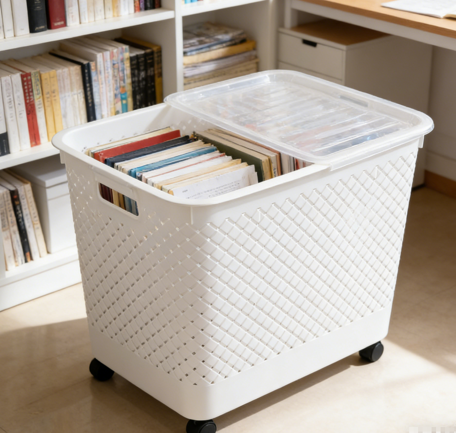 日式带轮带盖脏衣篮 仿编织纹大容量收纳筐 家用衣物玩具整理箱收纳箱床底收纳箱批发